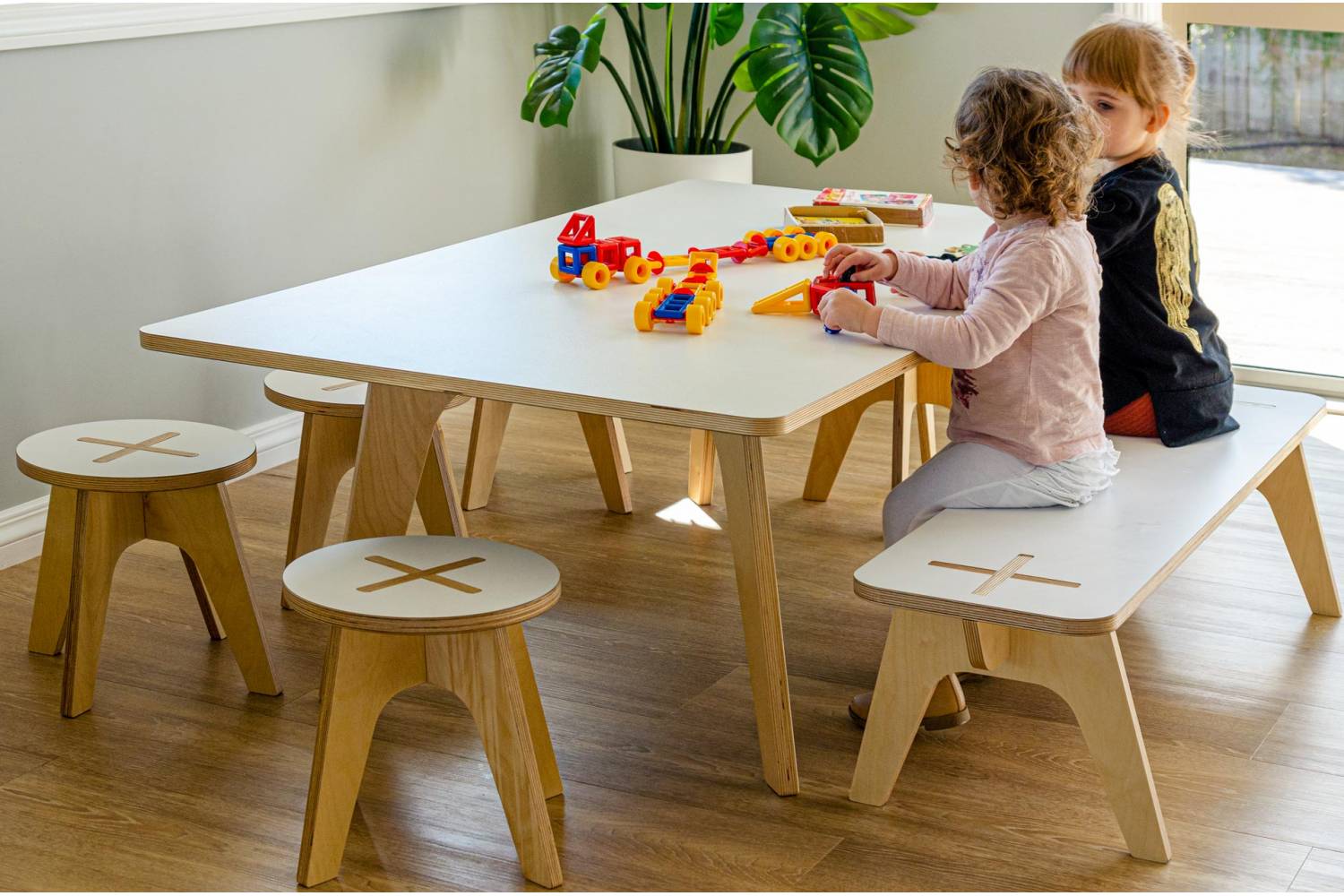 natural wooden table and stool